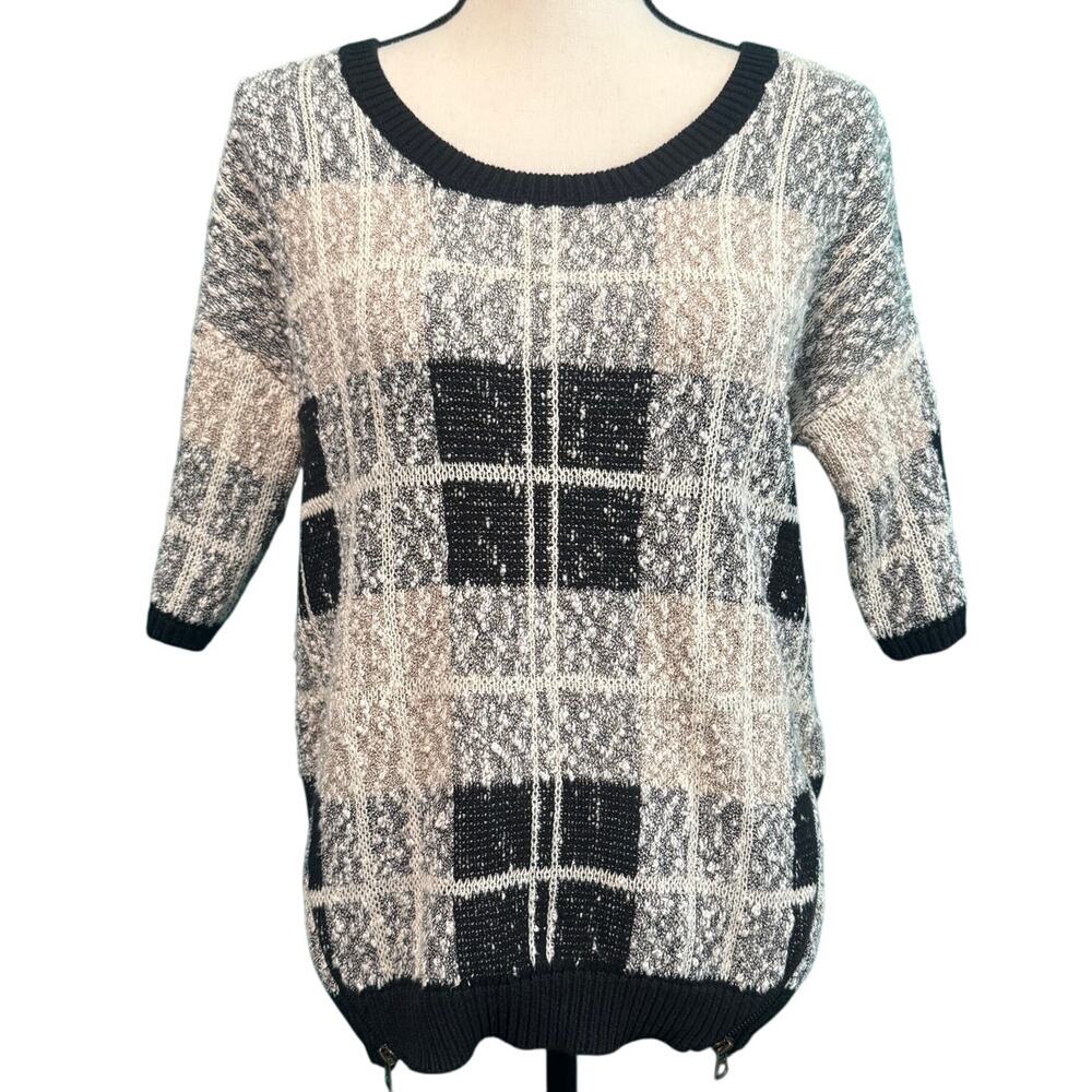 Lucky Brand Boucle Plaid Elbow Sleeve Sweater Black Neutrals Women's Small